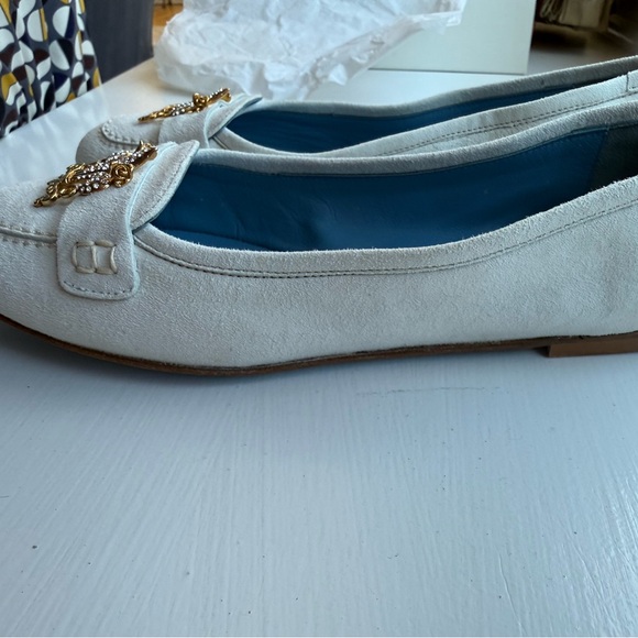 New Paula Quadretti White Suede Loafers with Gold Rhinestone Fleur-de-Lis accent - Picture 3 of 12
